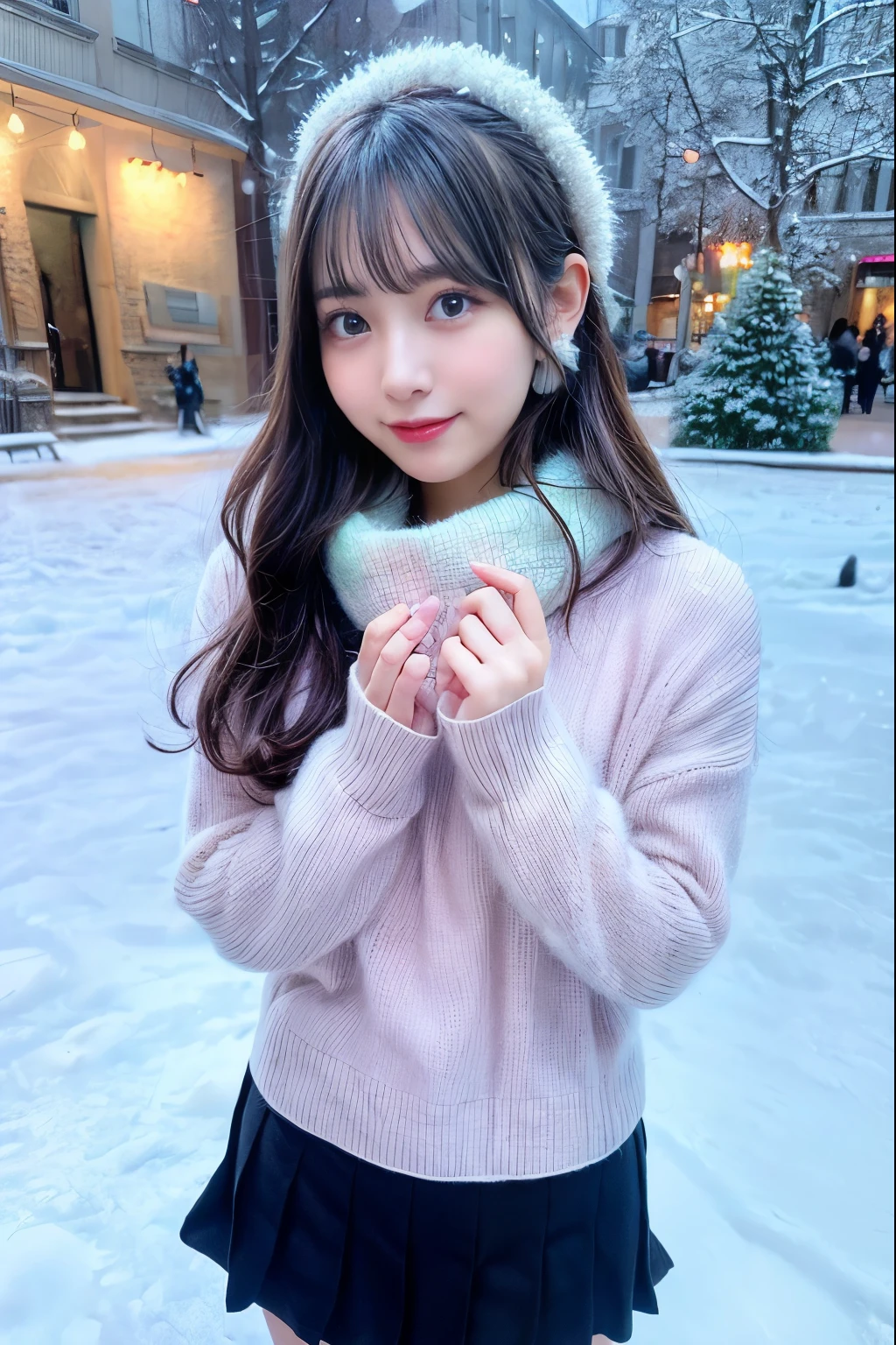 (8K, Raw photo, Best Quality, masutepiece), Ultra High Resolution, (Realistic, photo-Realistic), 1girl in, Smirking expression, Solo, Black hair, Professional Lighting, Detailed Lighting, Backlight, depth of fields, Natural lighting, Sharp Focus, Focusing distance 2 meters, Professional photo shoot, Detailed eyes, Realistic eyes, detailed shadow,(Fluffy earmuffs:1.1), (pastel sweater:1.2), (Pleated skirt:1.0), (thick tights:1.1), (rosy cheeks:1.1), (playful pose:1.0), (winter wonderland background:1.3), (Tightly wrapped muffler:1.3)