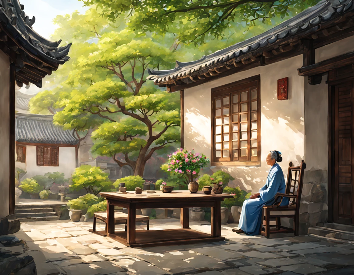 ancient china, Suzhou ancient house with an indoor yard, low white wall surrounding the yard, on the left side of the yard there is only a big crape myrtle tree, under the tree there are stone chairs and a table, there is an old woman sitting on the chair, spring morning