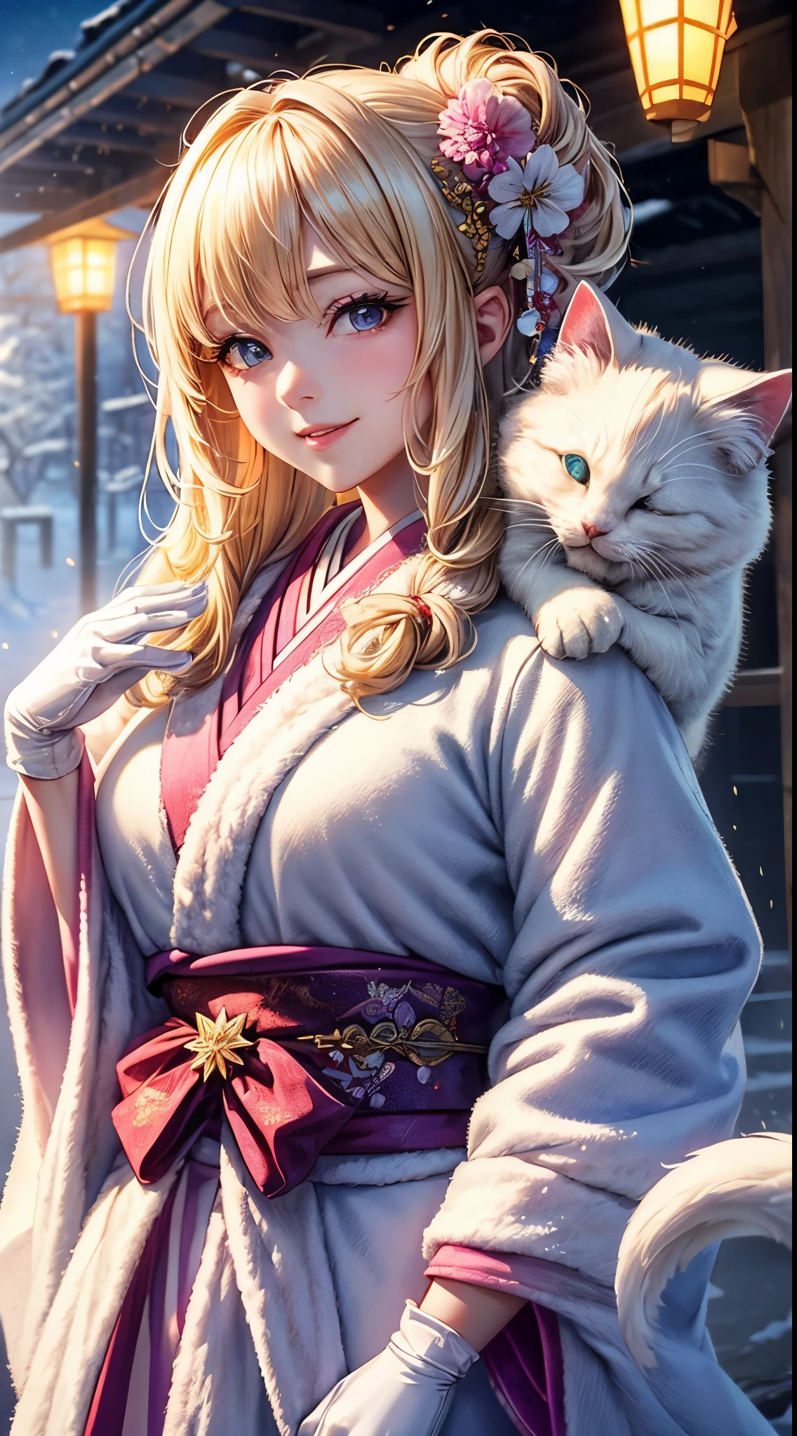 Very detailed CG Unity 8K wallpaper, Cute One Girl, Mature blonde girl, beautiful  Girl, hot maiden, pale skin (Super masterpiece, Beautiful person, well detailed face polluted smile, Photorealistic, hyper realisitic), colorful winter pink kimono 、has white fur、 Wearing white gloves,Japanese Style Hair Accessories、Girl holding a cute white cat in her arms,  (Light Lighting)、smil,Upper body 、Japan background