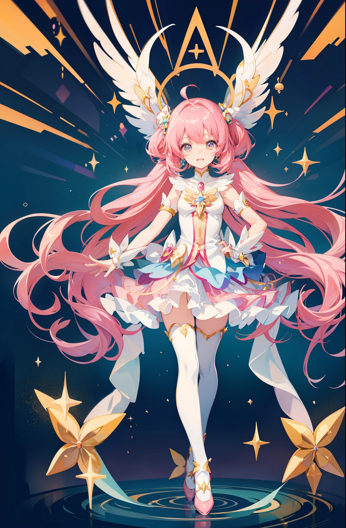 Anime star magical girl, sparkling magical girl, portrait of the magical girl, beautiful celestial mage, magical little girl, anime goddess, celestial magical girl, colorful gradient layered magical costume, (colorful), whimsical, cute, full body
