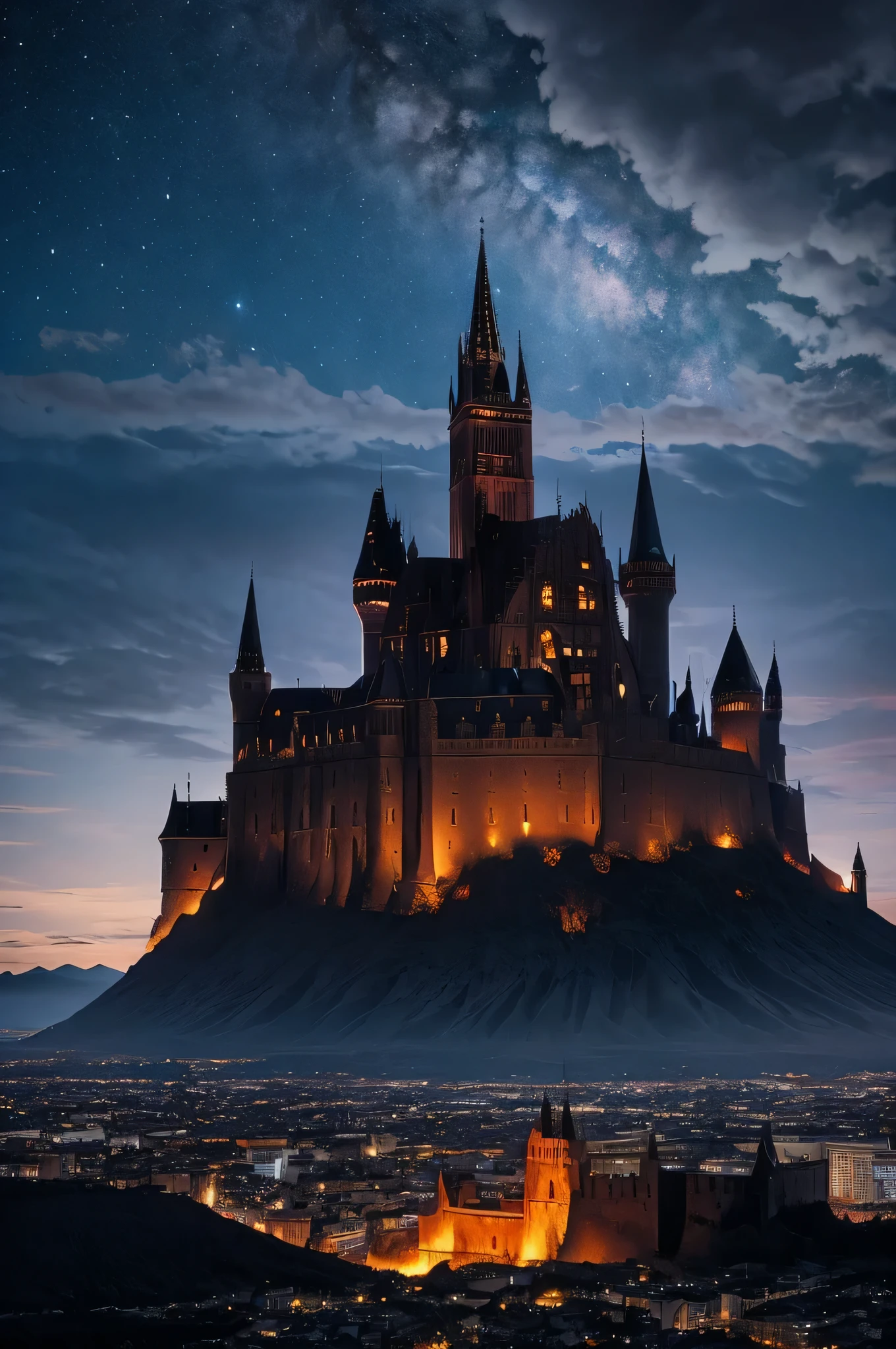 Huge dark gothic castle floating in the sky, the size of a city, over a volcano