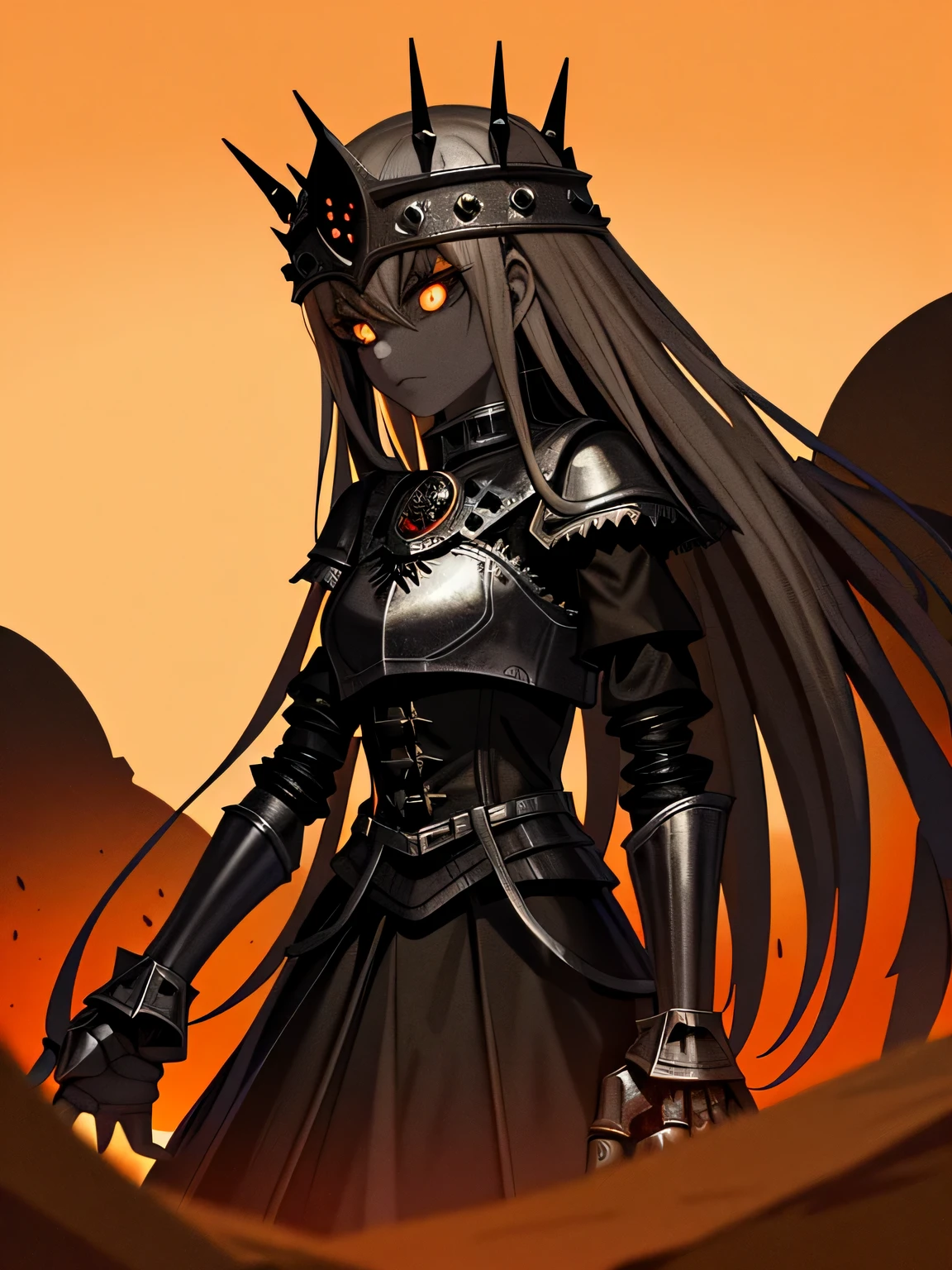 ((dark horror art)), dark medieval automaton girl, gloomy character, dark brown skin, gray eyes, brown hair, white pointed helmet, pale bib, mechanical rings on hands, Medieval gloomy dark orange desert landscape, (Highly detailed dark hopeless desert landscape)