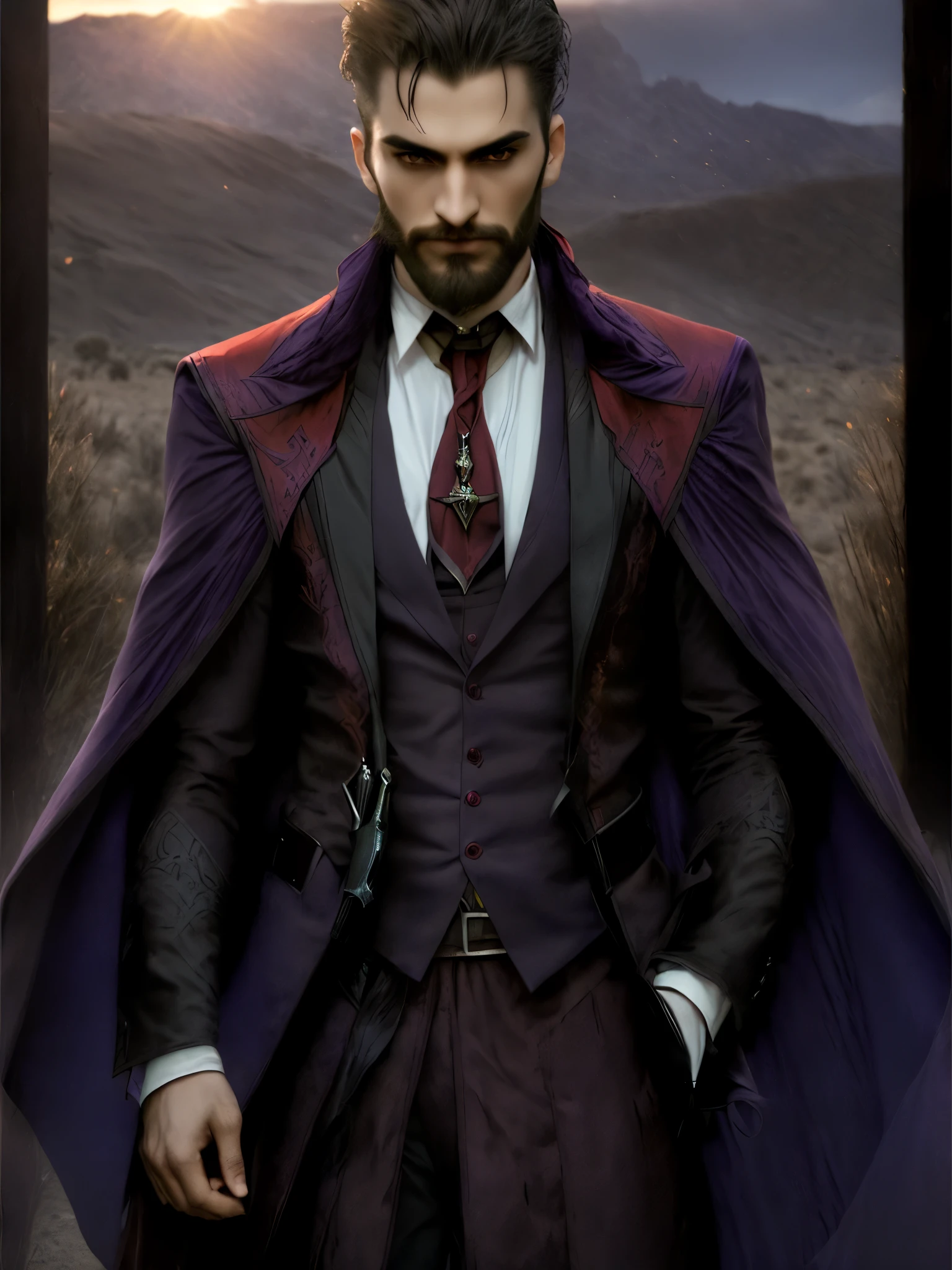 detailed facial features,beard,stubble,strong jawline,piercing eyes,intense gaze,(well-dressed) dhampir,(purple,red) cape,(two-sided) cape, vampiric shoulder armor, elegant outfit, western frontier background scenery, wild west setting,dusty desert landscape,sunset glow,strong shadows,imposing atmosphere, fangs