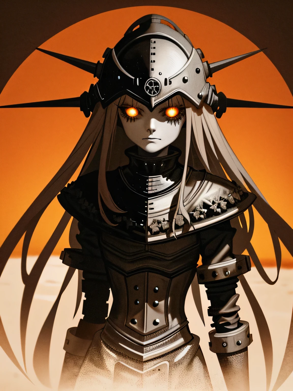 ((dark horror art)), dark medieval automaton girl, gloomy character, dark brown skin, gray eyes, brown hair, white pointed helmet, pale bib, mechanical rings on hands, Medieval gloomy dark orange desert landscape, (Highly detailed dark hopeless desert landscape)