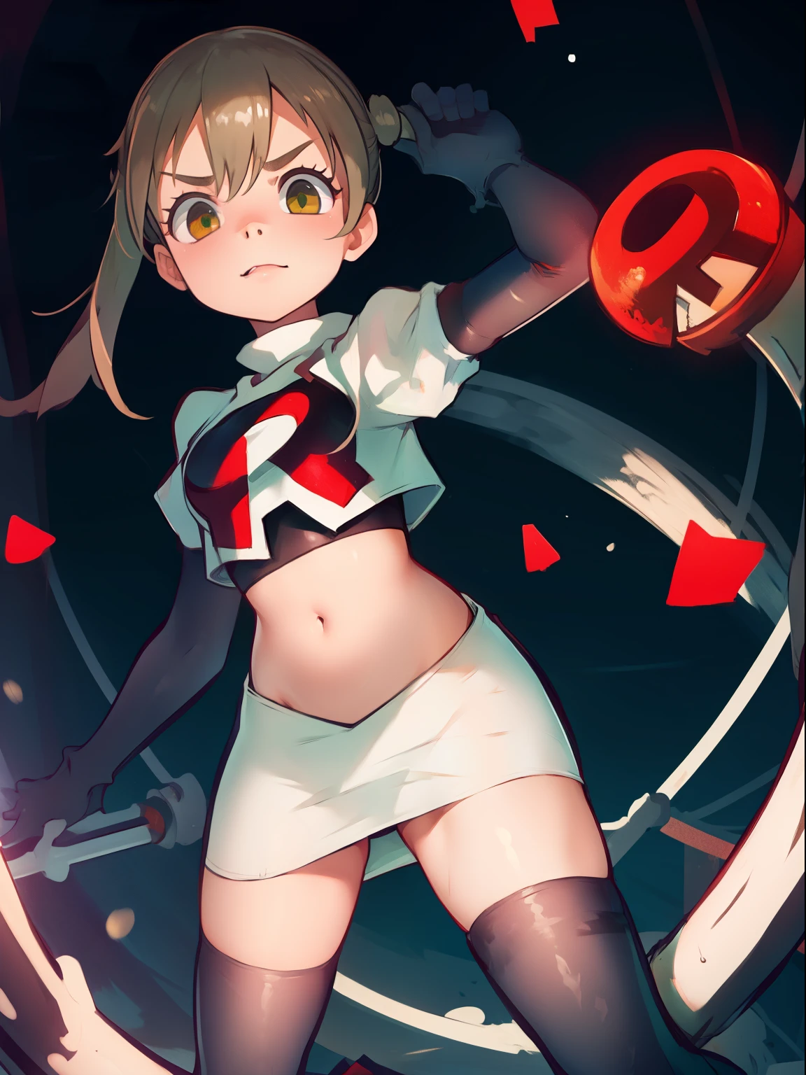 maka albarn, twintails, team rocket,team rocket uniform, red letter R, white skirt,white crop top,black thigh-highs,black elbow gloves,