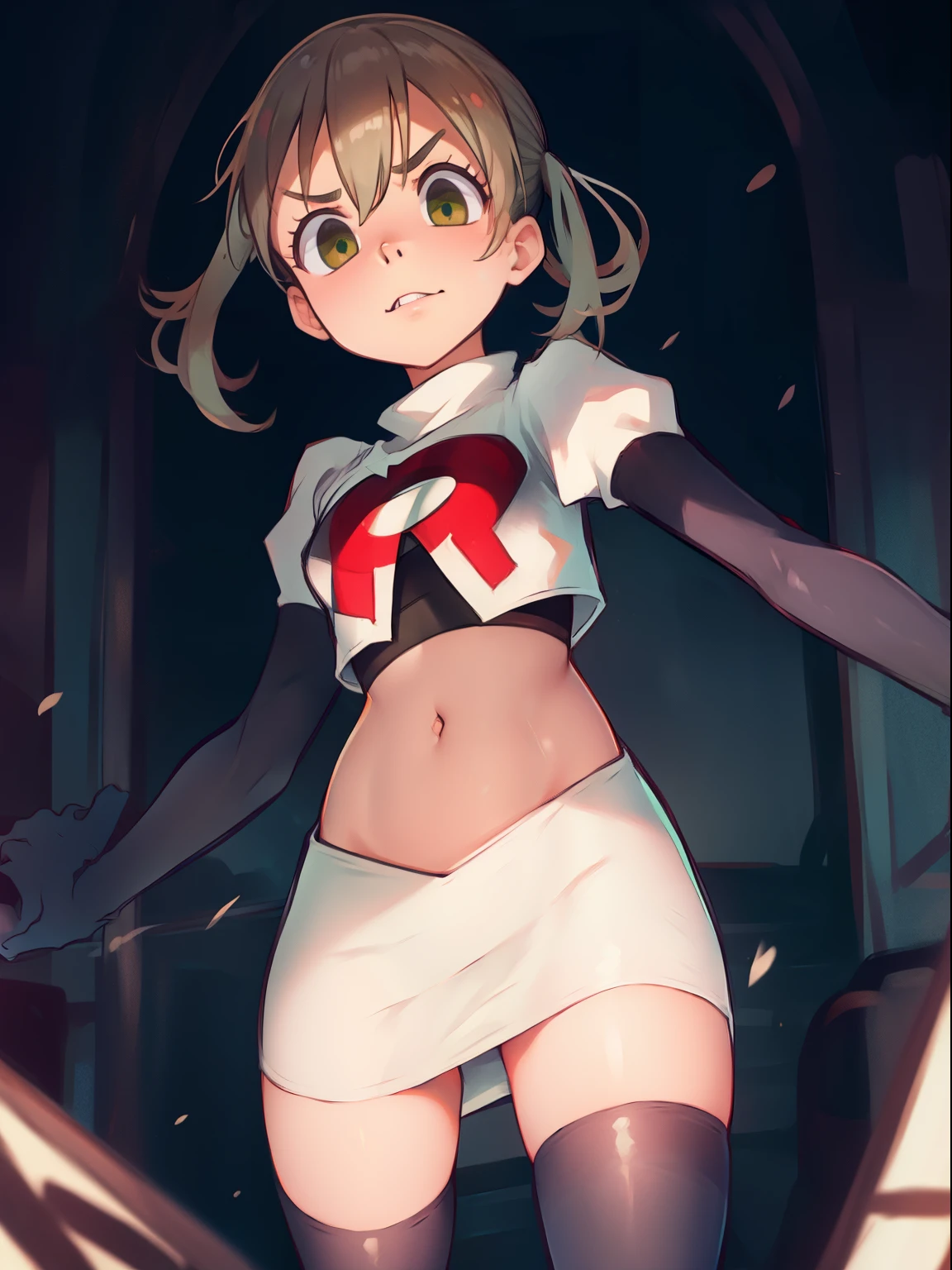 maka albarn, twintails, team rocket,team rocket uniform, red letter R, white skirt,white crop top,black thigh-highs,black elbow gloves,