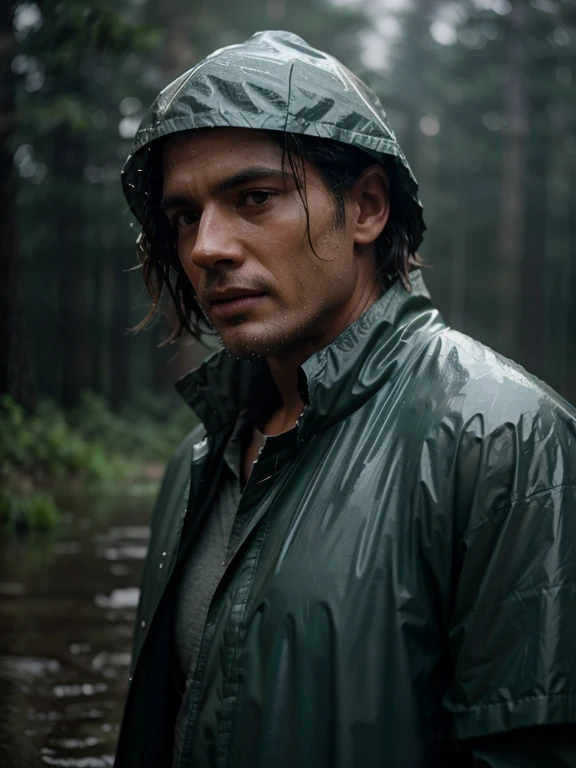Rain, wilderness, man with rain coat, steamy, haze, Timeless, ethereal, Hyper-realistic, Ultra photo realism, tmasterpiece, 8k, in focus, Detailed hair, highly detailed, high quality, High definition, cinematic perspective, rainy weather