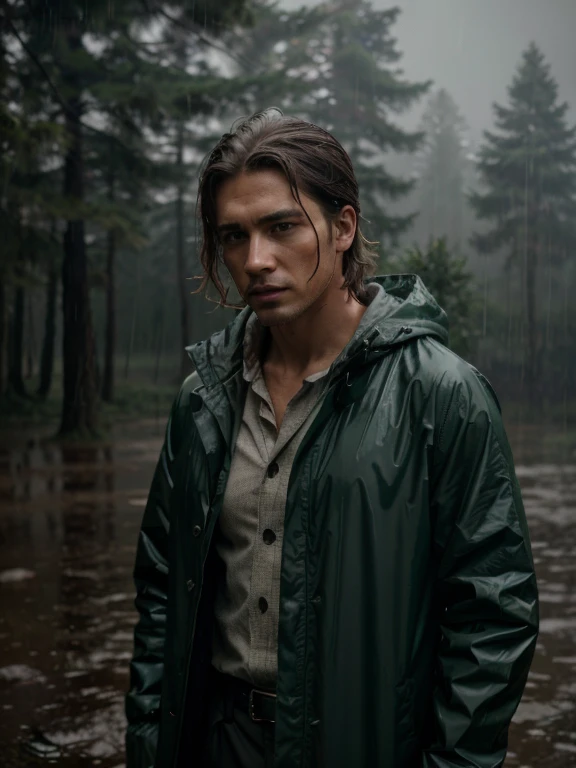 Rain, wilderness, man with rain coat, steamy, haze, Timeless, ethereal, Hyper-realistic, Ultra photo realism, tmasterpiece, 8k, in focus, Detailed hair, highly detailed, high quality, High definition, cinematic perspective, rainy weather