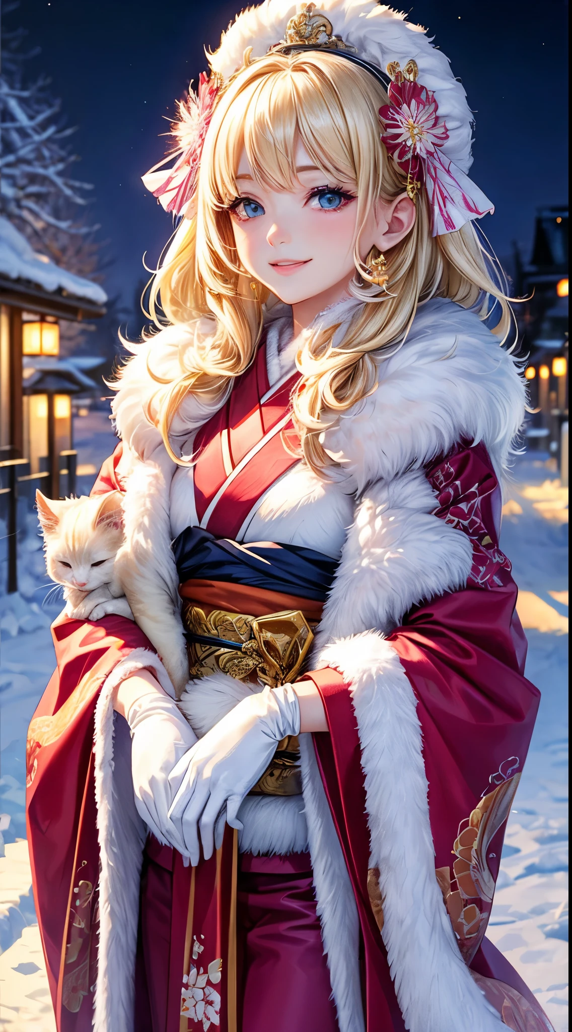 Very detailed CG Unity 8K wallpaper, Cute One Girl, Mature blonde girl, beautiful Girl, hot maiden, pale skin (Super masterpiece, Beautiful person, well detailed face polluted smile, Photorealistic, hyper realisitic), colorful winter pink kimono 、has white fur、 Wearing white gloves,Japanese Style Hair Accessories、Girl holding a cute white cat in her arms, (Light Lighting)、smil,Upper body 、Japan background