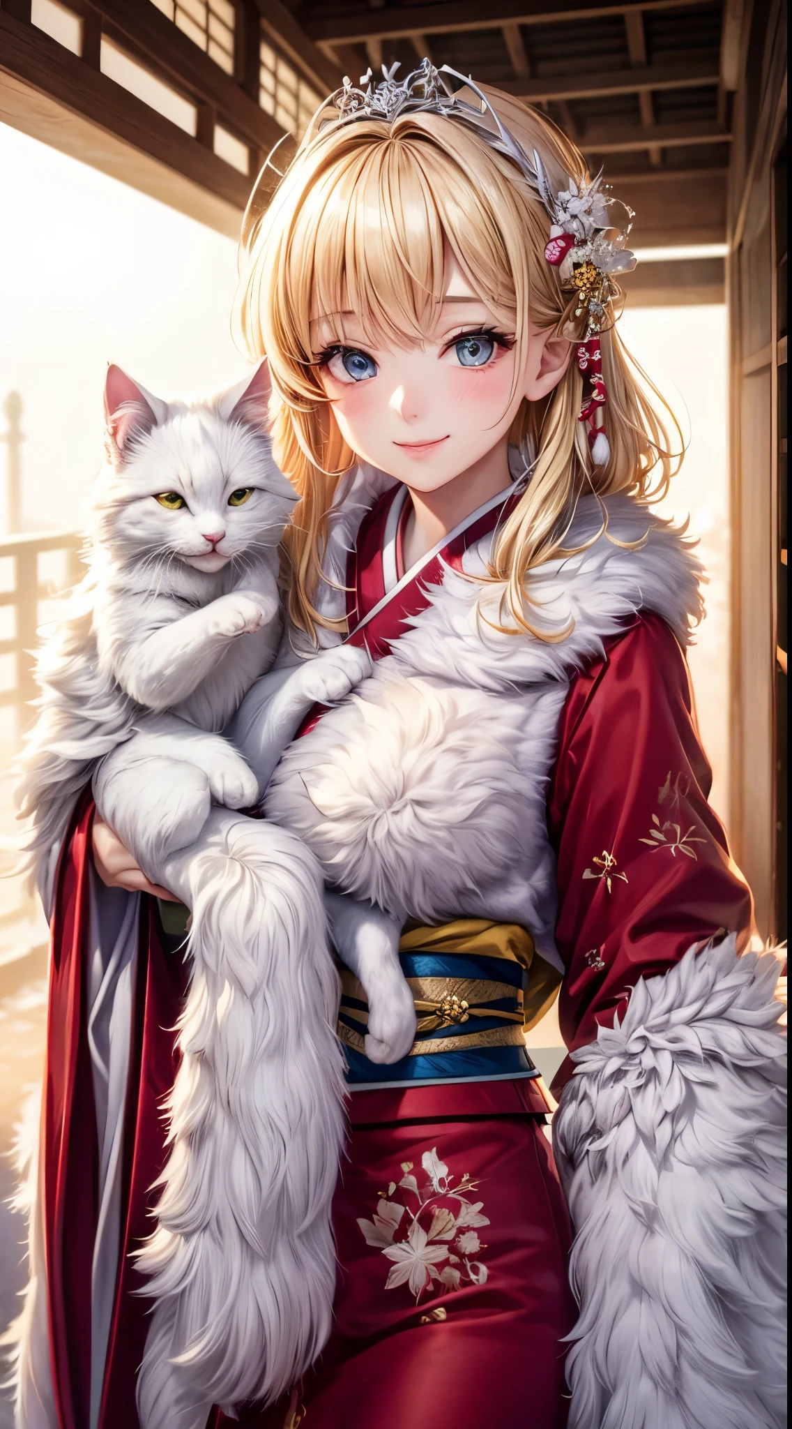 Very detailed CG Unity 8K wallpaper, Cute One Girl, Mature blonde girl, beautiful  Girl, hot maiden, pale skin (Super masterpiece, Beautiful person, well detailed face polluted smile, Photorealistic, hyper realisitic), colorful winter pink kimono 、has white fur、 Wearing white gloves,Japanese Style Hair Accessories、Girl holding a cute white cat in her arms,  (Light Lighting)、smil,Upper body 、Japan background