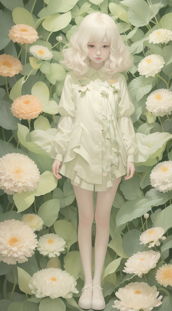 1 girl with forest clothes, flowers, leaves, mandalas, fractal, full female body,