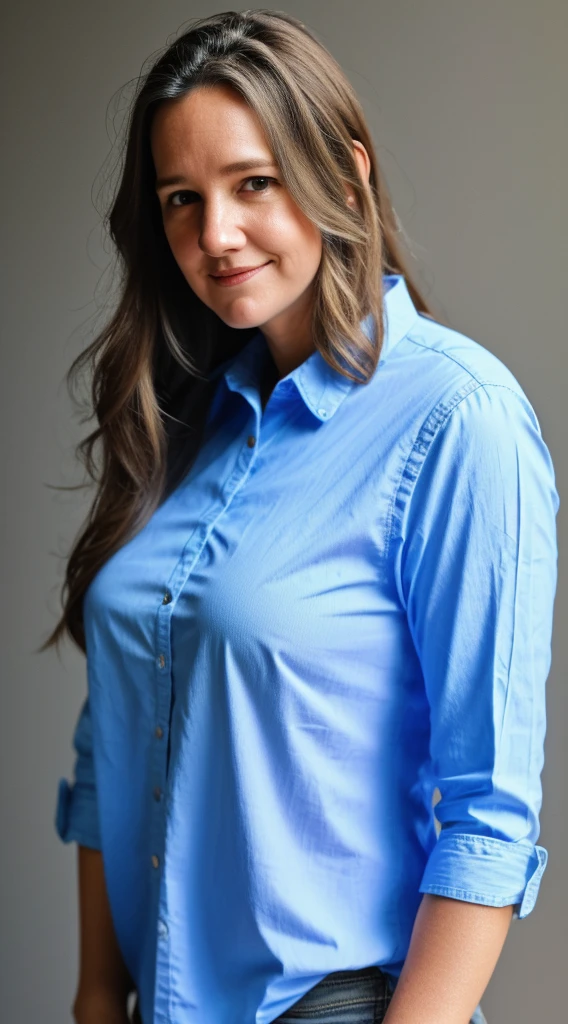 a woman with a blue shirt and a white shirt and mom jeans, this person does not exist, 40 years old, short, portly appearance, chubby round body, jiggly fat, caroline aaron-amanda plummer-irene jacob merged, entire body visible, full body, hyperrealistic, real human skin, best quality, 8K, masterpiece, extremely intricate, detailed eyes, detailed face, detailed body, exaggerated features, pronounced features, fujifilm