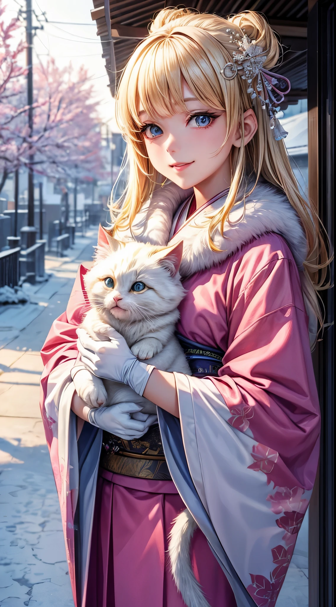 Very detailed CG Unity 8K wallpaper, Cute One Girl, Mature blonde girl, beautiful Girl, hot maiden, pale skin (Super masterpiece, Beautiful person, well detailed face polluted smile, Photorealistic, hyper realisitic), colorful winter pink kimono 、has white fur、 Wearing white gloves,Japanese Style Hair Accessories、A girl holding a cute white cat in her arms, (Light Lighting)、smil,Upper body 、Japan background