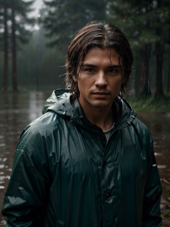 Rain, wilderness, man with rain coat, steamy, haze, Timeless, ethereal, Hyper-realistic, Ultra photo realism, tmasterpiece, 8k, in focus, Detailed hair, highly detailed, high quality, High definition, cinematic perspective, rainy weather