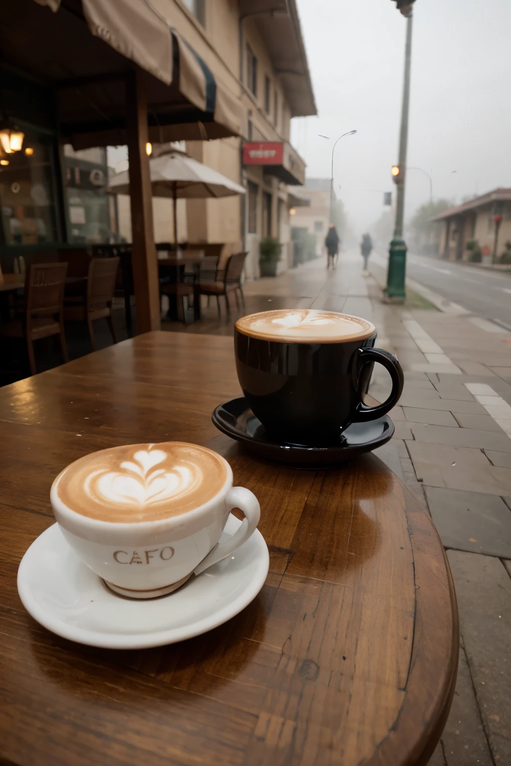 Cappuccino on a table at a sidewalk Cafe on a foggy morning