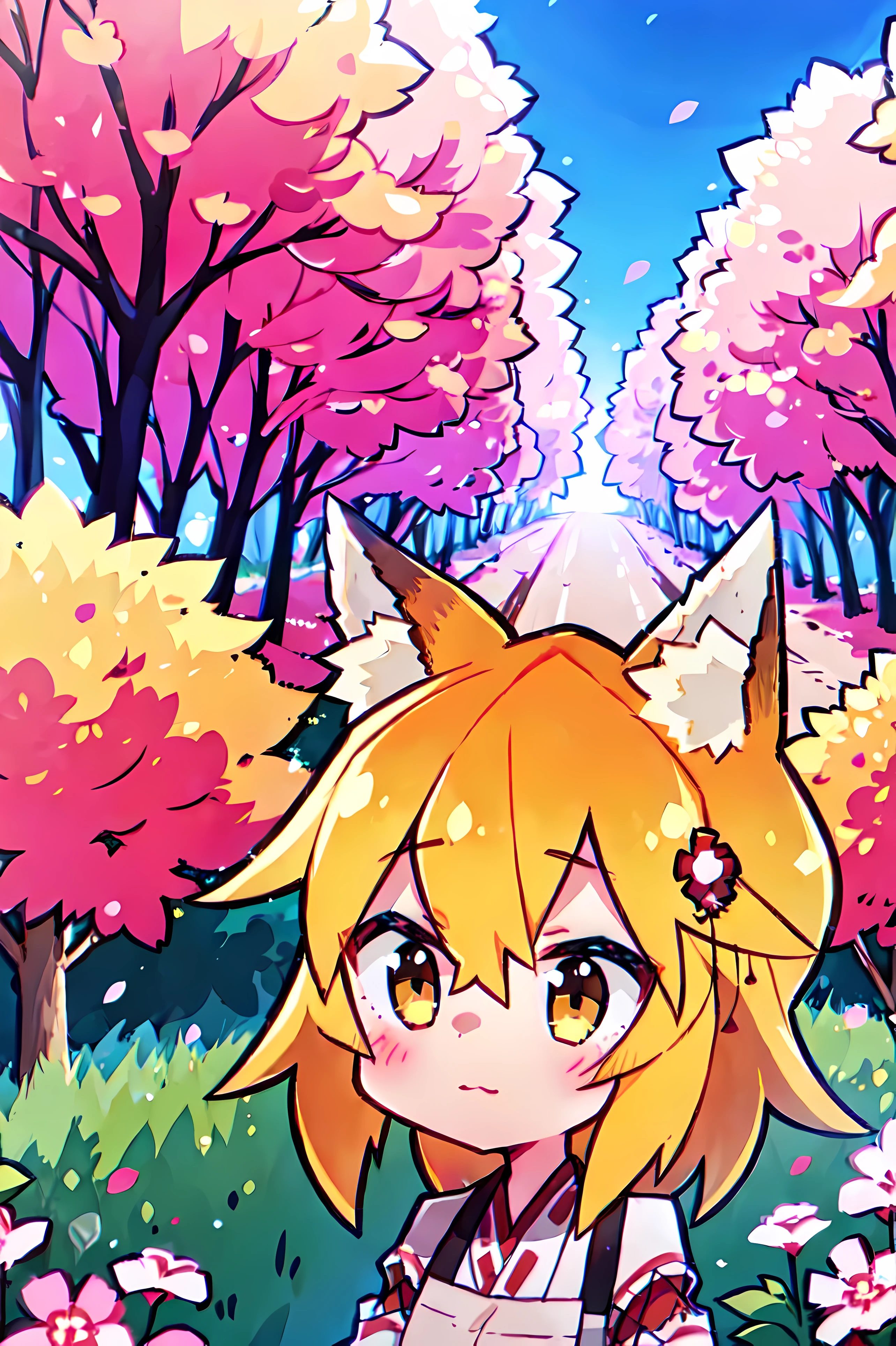 A  girl, Fox ears, 4K Image, flowers of different colors, field, Beautiful trees