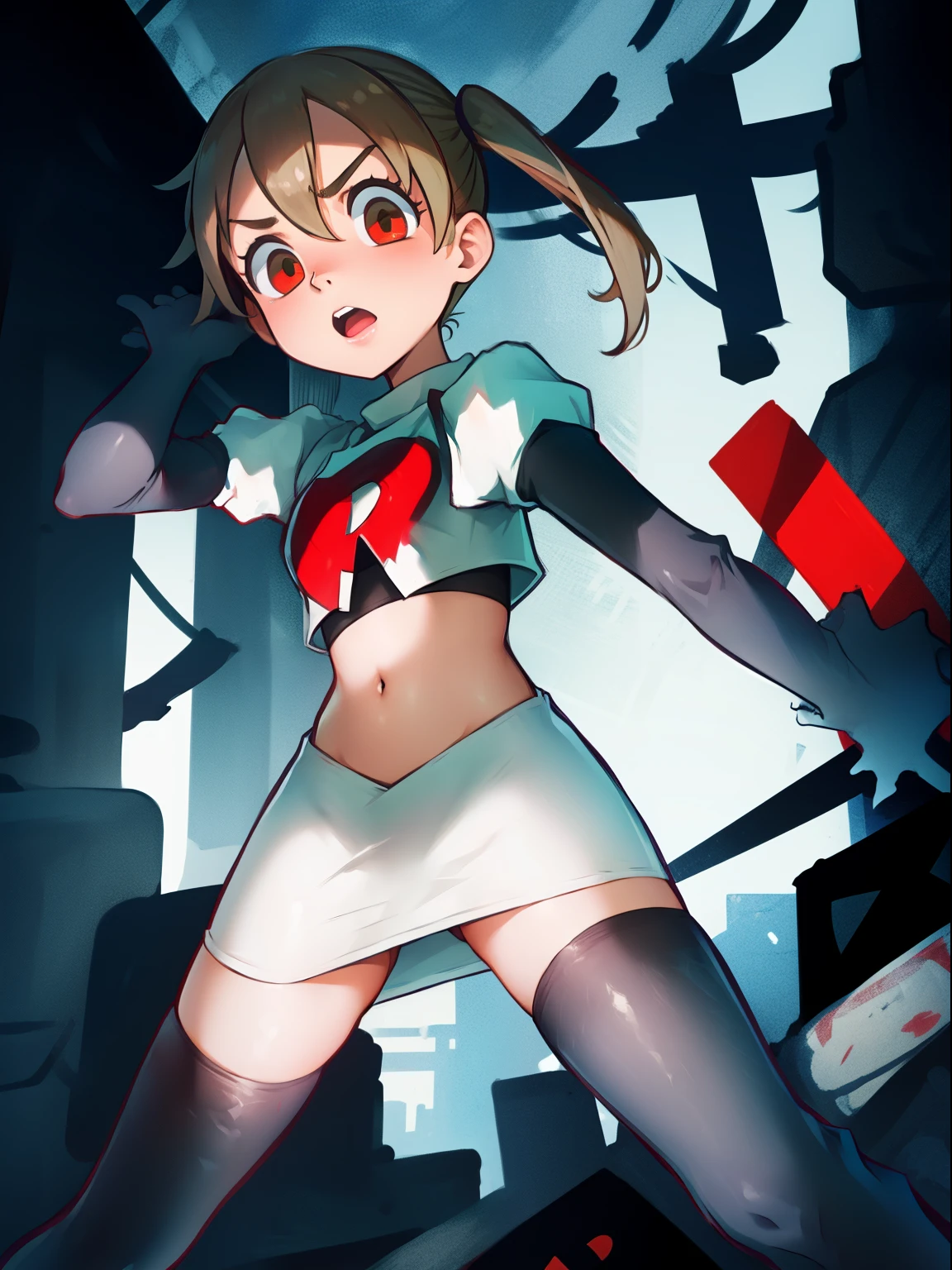 maka albarn, twintails, team rocket,team rocket uniform, red letter R, white skirt,white crop top,black thigh-highs,black elbow gloves,