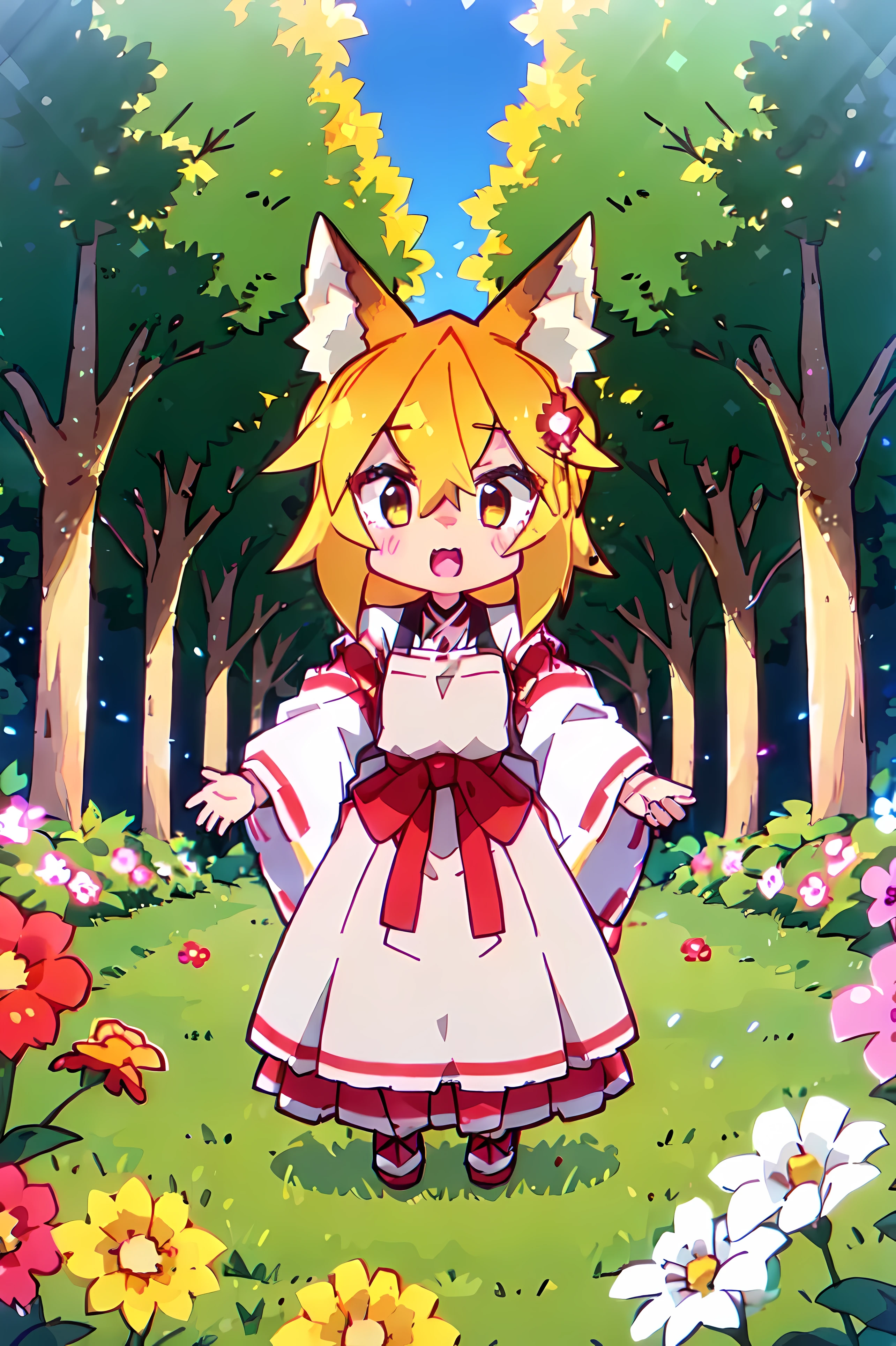 A  girl, Fox ears, 4K Image, flowers of different colors, field, Beautiful trees