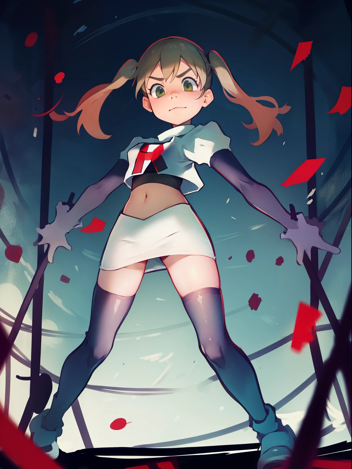 maka albarn, twintails, team rocket,team rocket uniform, red letter R, white skirt,white crop top,black thigh-highs,black elbow gloves,