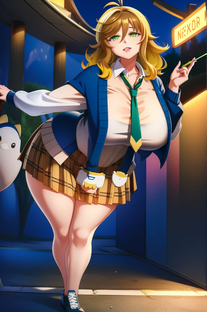 amicia michella - nijisanji, anime style, 1girl, detailed brown short hair, yellow inner hair, wavy thick hair, green eyes, thin lips, painted lips, shy smile face, wide hips, thick thighs, huge round ass, shiny oily breasts, white shirt, navy blue necktie, light blue pleated skirt, plaid pleated skirt, gyaru, full body, night, city, absurdres, high res, ultrasharp, 8K, masterpiece