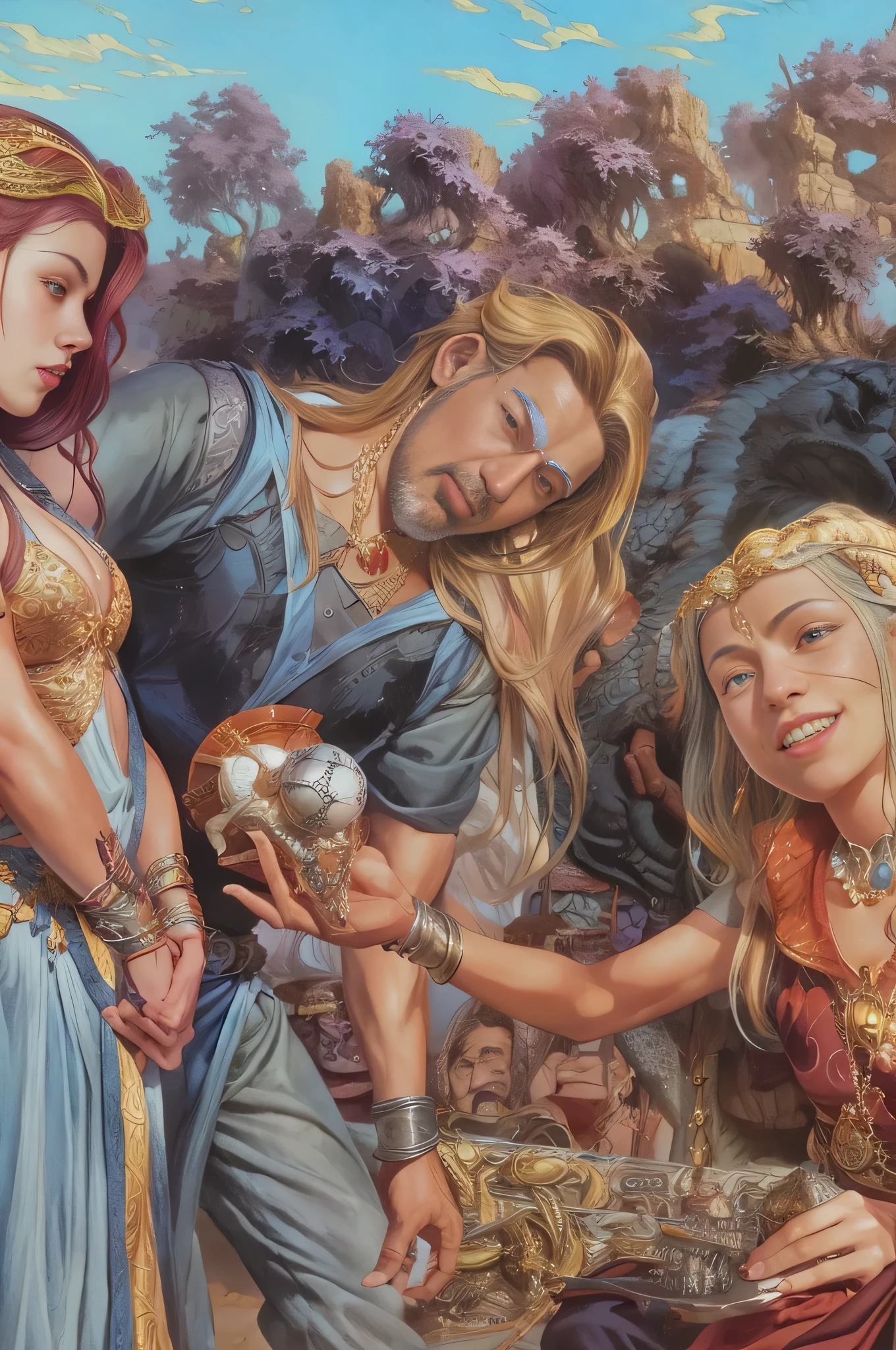 there are three people that are standing in front of a painting, roleplaying game art, inspired by Larry Elmore, dragonlance illustration, by Larry Elmore, from dungeons & dragons, d & d fantasy art, by Rob Alexander, hyperrealistic d & d fantasy art, dungeons and dragons fantasy art, larry elmore : 0. 5, realistic fantasy illustration