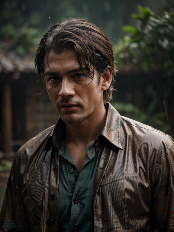 Rain, wilderness, man with batik shirts, steamy, haze, Timeless, ethereal, Hyper-realistic, Ultra photo realism, tmasterpiece, 8k, in focus, Detailed hair, highly detailed, high quality, High definition, cinematic perspective, rainy weather