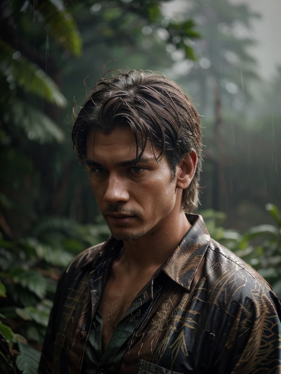 Rain, wilderness, man with batik shirts, steamy, haze, Timeless, ethereal, Hyper-realistic, Ultra photo realism, tmasterpiece, 8k, in focus, Detailed hair, highly detailed, high quality, High definition, cinematic perspective, rainy weather