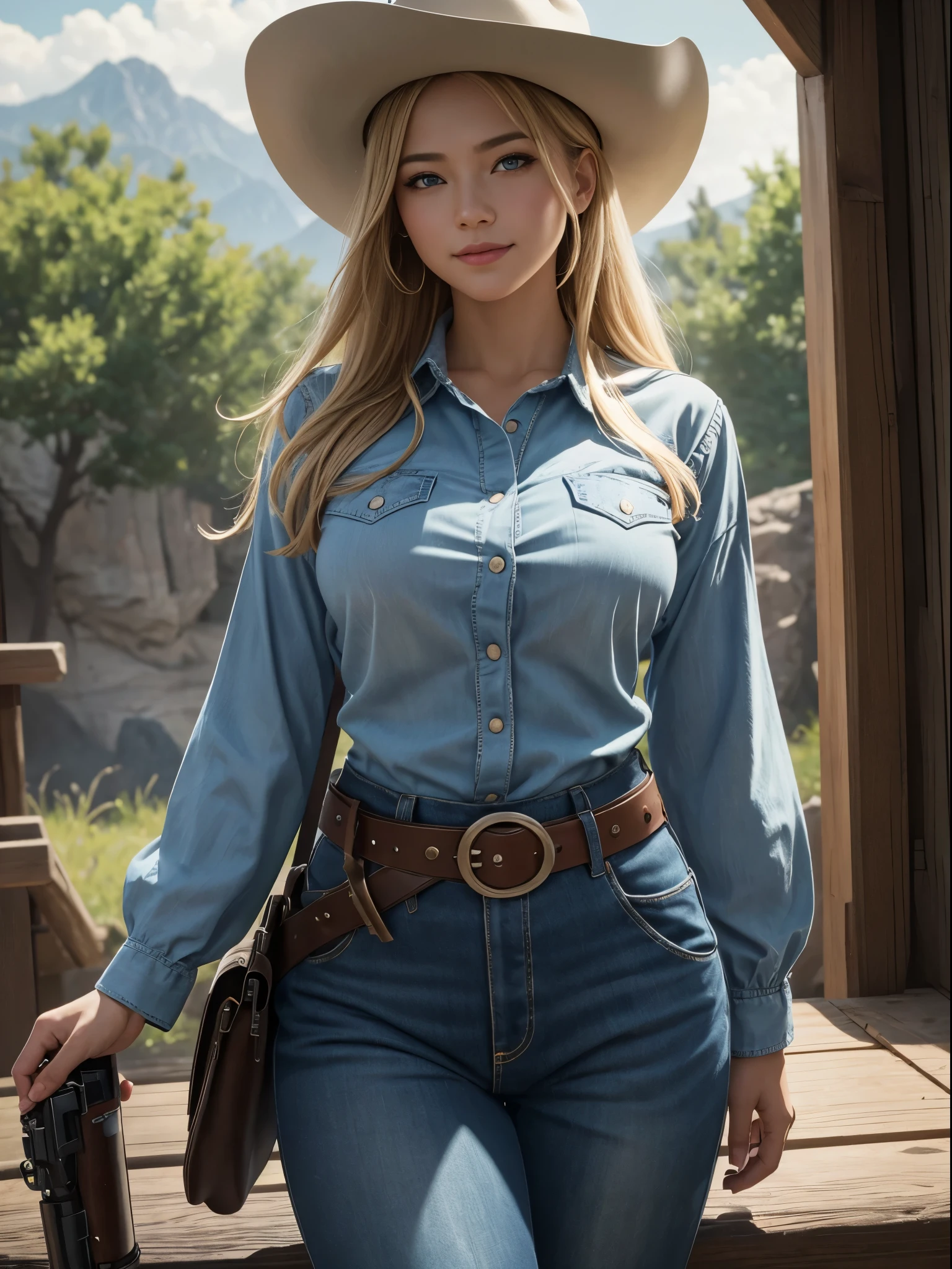 Woman wearing denim clothing, circa 1880s, Long straight blond hair, Brown eyes, High arched eyebrows, Slender and graceful neck, Red lips, Large Breasts, Brown Leather Leggings, Sleeveless Brown Leather Vest, Leather Boots, Walking on the dusty sandy streets of a deserted North American town,The wind blew through her hair, Practical, photoPractical, photoPractical, Fear, Dark atmosphere and dramatic lighting, Dark Red, Foggy environment, Detailed facial expressions, Thick fog