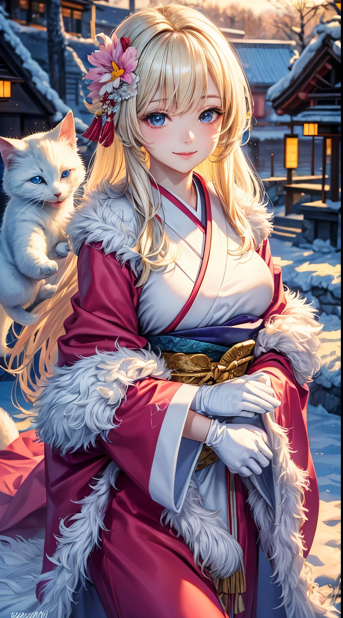 Very detailed CG Unity 8K wallpaper, Cute One Girl, Mature blonde girl, beautiful Girl, hot maiden, pale skin (Super masterpiece, Beautiful person, well detailed face polluted smile, Photorealistic, hyper realisitic), colorful winter pink kimono 、has white fur、 Wearing white gloves,Japanese Style Hair Accessories、A girl holding a cute white cat in her arms, (Light Lighting)、smil,Upper body 、Japan background