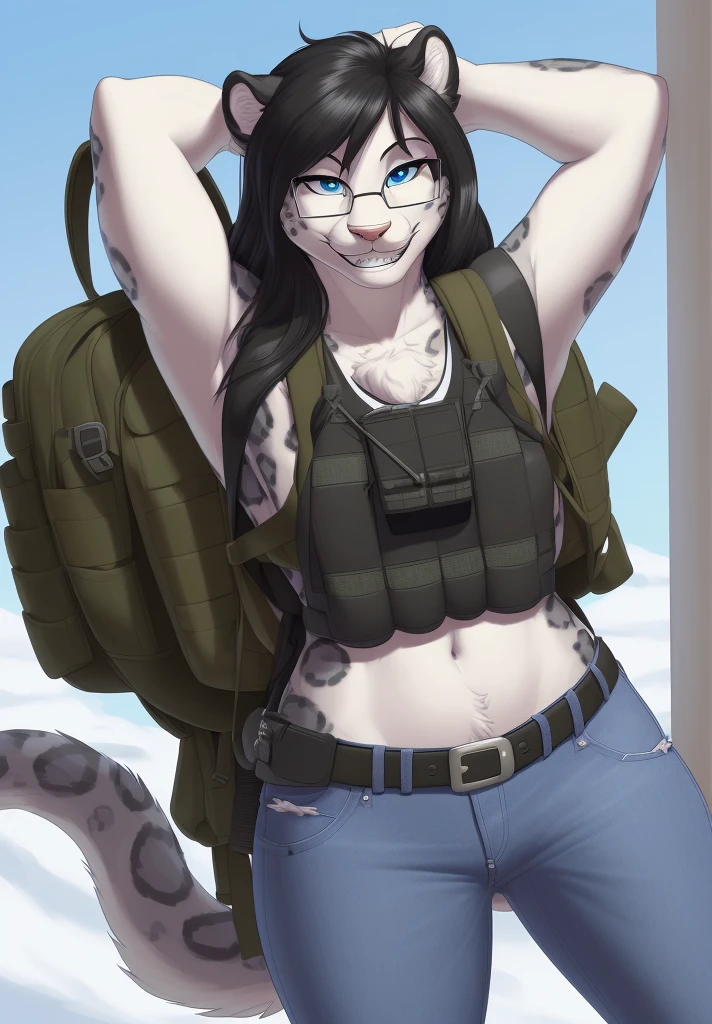 by meesh, (best quality, masterpiece:1), solo, anthro, furry, female, ((Snow Leopard)), blue eyes, black hair, shaggy long hair, portrait, fingers, finger claws, looking at viewer, snow leopard tail, ((large tuft of hair on the chest)), ((denim jeans)), ((jacket)), ((shirt)), ((fully clothed)), ((medium breastraces on teeth, ((arms over head)), ((tactical vest)), ((backpack)), ((nerd)), glasses, braces, smiling, ((1woman)), ((posing for photo)), lake area, white fur, nipple bumps, belt,