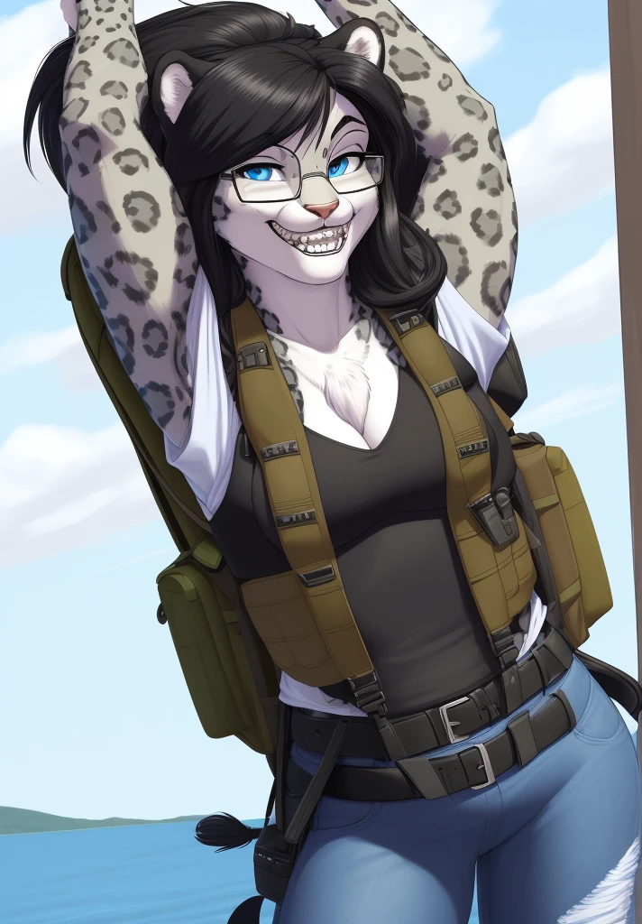 by meesh, (best quality, masterpiece:1), solo, anthro, furry, female, ((Snow Leopard)), blue eyes, black hair, shaggy long hair, portrait, fingers, finger claws, looking at viewer, snow leopard tail, ((large tuft of hair on the chest)), ((denim jeans)), ((jacket)), ((shirt)), ((fully clothed)), ((medium breastraces on teeth, ((arms over head)), ((tactical vest)), ((backpack)), ((nerd)), glasses, braces, smiling, ((1woman)), ((posing for photo)), lake area, white fur, nipple bumps, belt,
