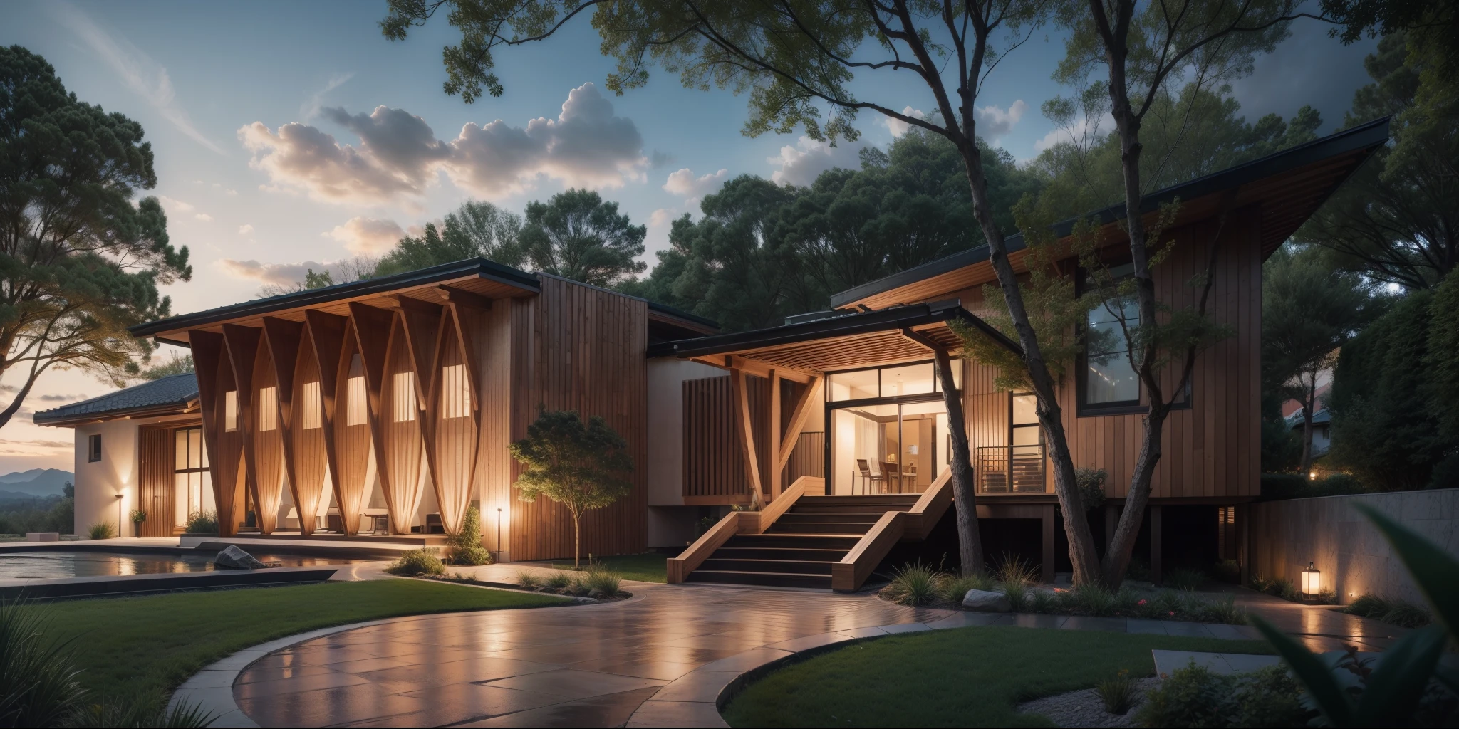 RAW photo modern and luxurious building in the contemporary style, naturalistic renderings, opening in small garden in front. Garden landscape, walking path, trees. The building is made of white and granite stone, dark wooden slats, with  lines and geometric shapes, clean design, the overall effect is one of peace and tranquility, cinematic lighting, arttation trends, studio photos, intricate details, luxurious and spacious, beautiful, 8k uhd, dslr, soft lighting, high quality, film grain, Fujifilm XT3, Noon