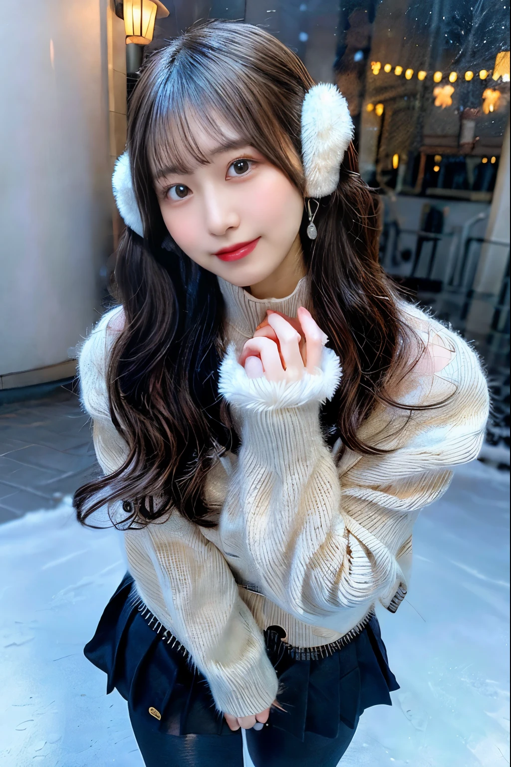 (8K, Raw photo, Best Quality, masutepiece), Ultra High Resolution, (Realistic, photo-Realistic), 1girl in, Smirking expression, Solo, Black hair, Professional Lighting, Detailed Lighting, Backlight, depth of fields, Natural lighting, Sharp Focus, Focusing distance 2 meters, Professional photo shoot, Detailed eyes, Realistic eyes, detailed shadow,(Fluffy earmuffs:1.1), (pastel sweater:1.2), (Pleated skirt:1.0), (thick tights:1.1), (rosy cheeks:1.1), (playful pose:1.0), (winter wonderland background:1.3), (Tightly wrapped muffler:1.3)