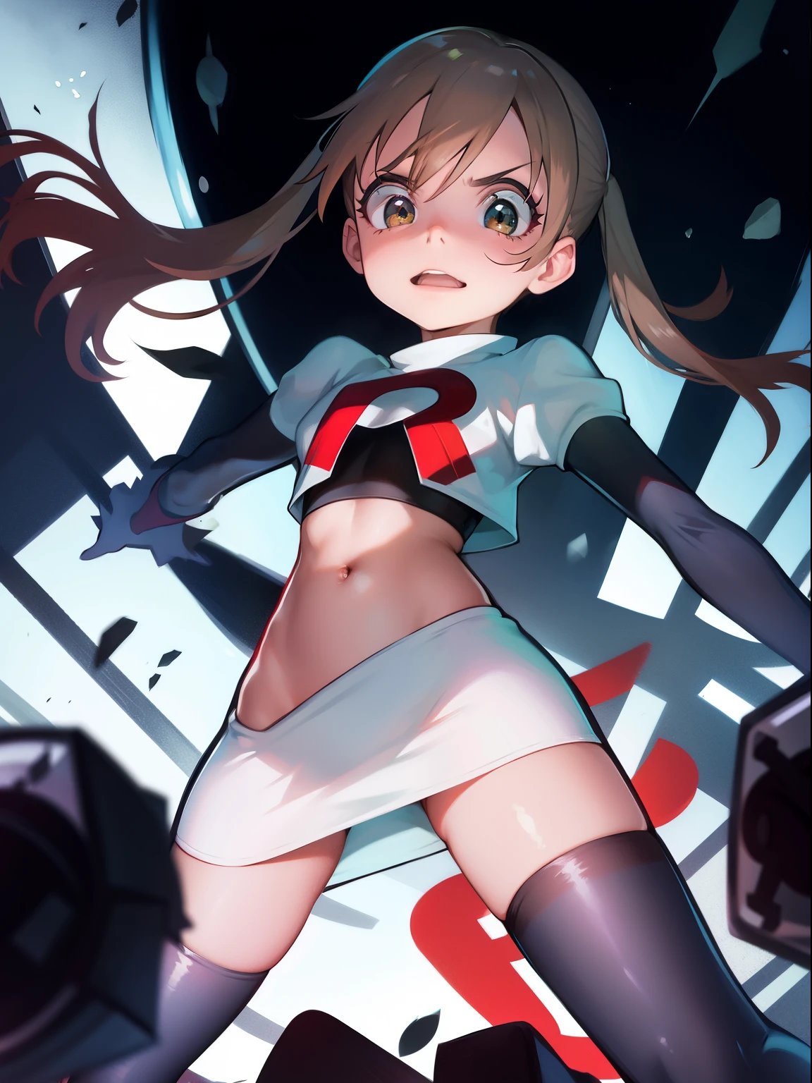 maka albarn, twintails, team rocket,team rocket uniform, red letter R, white skirt,white crop top,black thigh-highs,black elbow gloves,