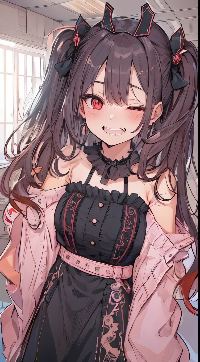 (small tits、1girl in、Put one hand on your face、Heart-shaped pupil,Red and Black theme,(blush:1.1),Choker,《trembling》,heart mark,(Smaller chest), ((Heavy breathing:1.3)), Smile, Evil smile, Laughing, Cute,full body Esbian、top-quality、masutepiece、1 Masterpiece Girl、Cheek makeup、loose, Pink frilly clothes inspired by yandere、I have very large dark circles under my eyes、Lolita Fashion、Colorful long hair、《Messy room》、Smile,, Evil smile, Laughing, Cute,