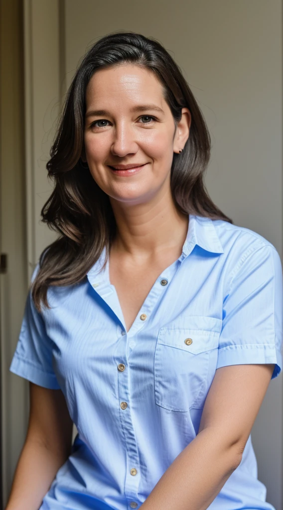 a woman with a blue shirt and a white shirt and mom jeans, this person does not exist, 40 years old, short, portly appearance, chubby round body, jiggly fat, caroline aaron-amanda plummer-irene jacob merged, entire body visible, full body, hyperrealistic, real human skin, best quality, 8K, masterpiece, extremely intricate, detailed eyes, detailed face, detailed body, exaggerated features, pronounced features, fujifilm