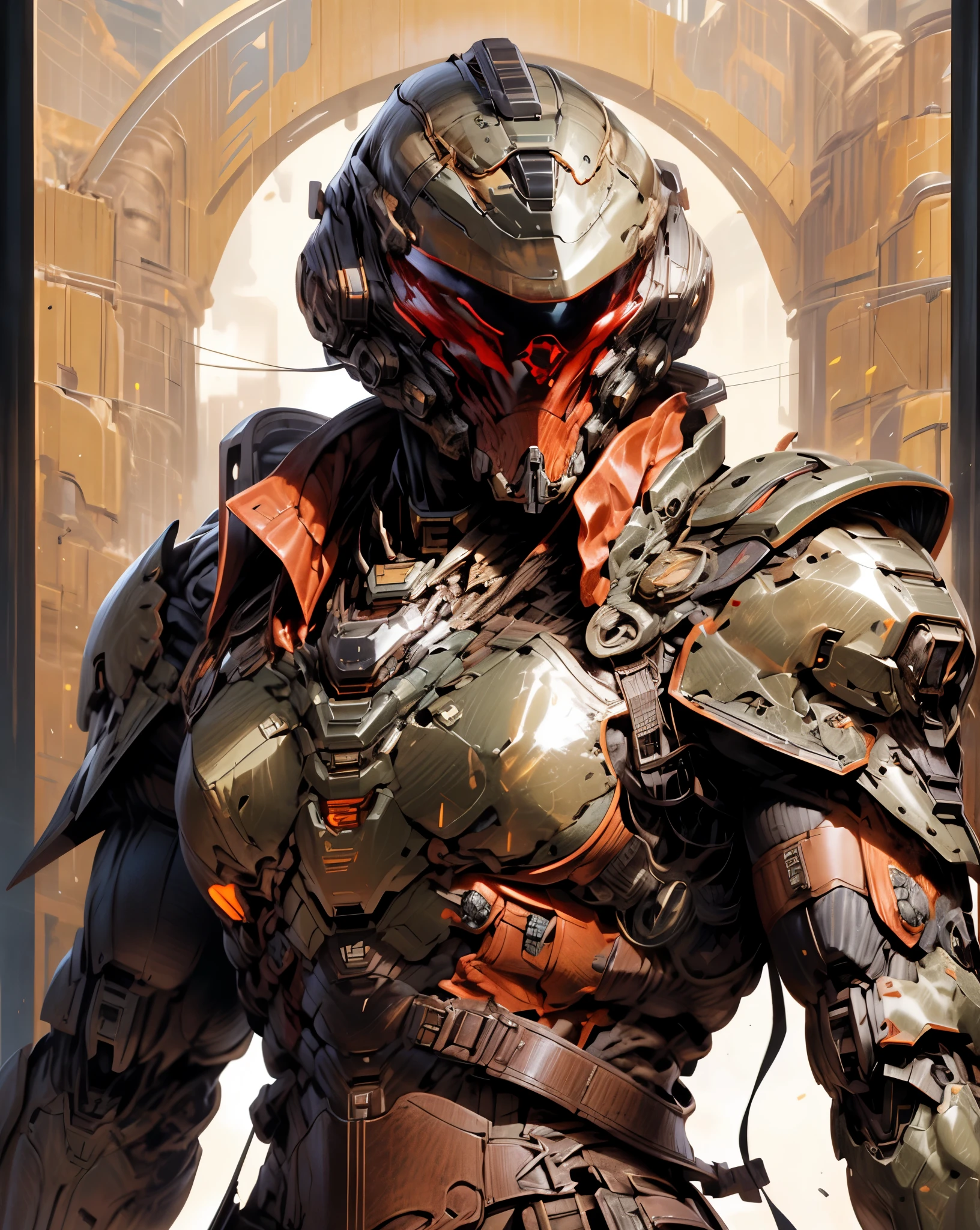 (((An epic and visually stunning digital anime masterpiece featuring a sylphlike masculine ((male:1.5)) decorated military dieselpunk cyborg soldier clad in a sleek yet tactical armored yet decorated leather military trench coat:1.2))), (((flat masculine male chest:1.5, mechanical full head helmet, mecha helmet with a narrow visor:1.5))), (((the character adorned in a (scifi tactical armored open front trench coat with a built in exoskeleton) (over a form fitted armor plated yet super sleek and revealing under suit with waist cut outs), the armor plating on the upper arms and shoulders beautifully engraved))):1.4. The image showcases the intricacies of the character’s armor and clothing:1.5, ((capturing their flamboyant essence and heavy mecha aesthetic:1.2)). The character also possesses an androgynous charm, (((with slim yet heavily muscled physique:1.2, sylphlike with a sleek waist, toned yet beautifully sleek cybernetic arms:1.3, mechanical arms and legs:1.3, mecha muscles:1.3))), looking at viewer, (((brass metal armor and brown leather, dieselpunk:1.3))), (((depth of field, cinematic lighting, chromatic aberration, ray tracing, UHD, masterpiece, top of head covered, super detail, high details, high quality, award winning, 8k, highres, halo)))