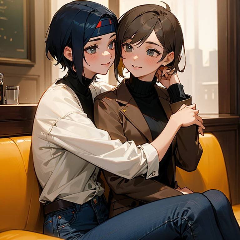 2 girls, lesbian, short hair, wearing blazers, turtlenecks, and jeans, and a headband in their hair hugging each other, sitting in a cafe, happy