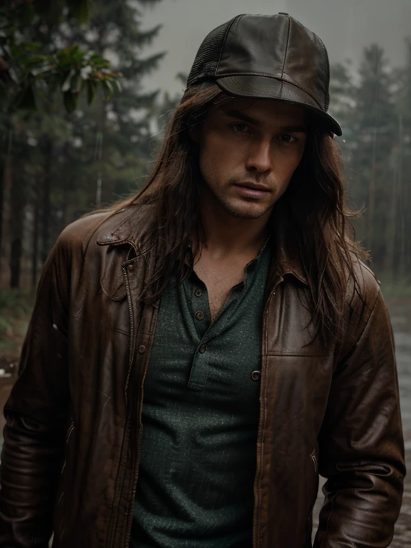 Rain, wilderness, man with leather jacket, long hair, wearing a trucker, steamy, haze, Timeless, ethereal, Hyper-realistic, Ultra photo realism, tmasterpiece, 8k, in focus, Detailed hair, highly detailed, high quality, High definition, cinematic perspective, rainy weather