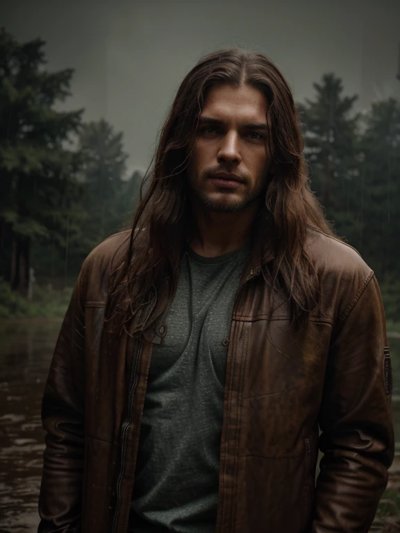 Rain, wilderness, man with leather jacket, long hair, wearing a trucker, steamy, haze, Timeless, ethereal, Hyper-realistic, Ultra photo realism, tmasterpiece, 8k, in focus, Detailed hair, highly detailed, high quality, High definition, cinematic perspective, rainy weather