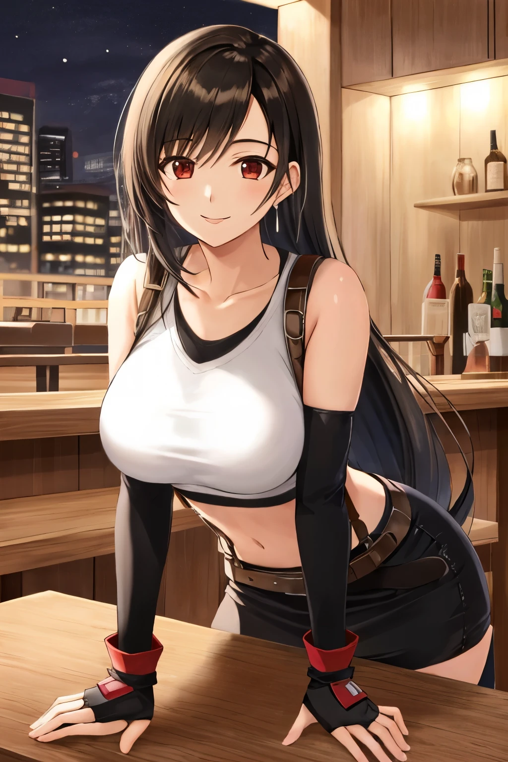 Tifa Lockhart, masutepiece, Best Quality, defTifa, White crop top, elbow pad, Fingerless gloves, suspenders, pencil skirts, Upper body, Looking at Viewer, Leaning forward, Smile, a bar counter, City at night