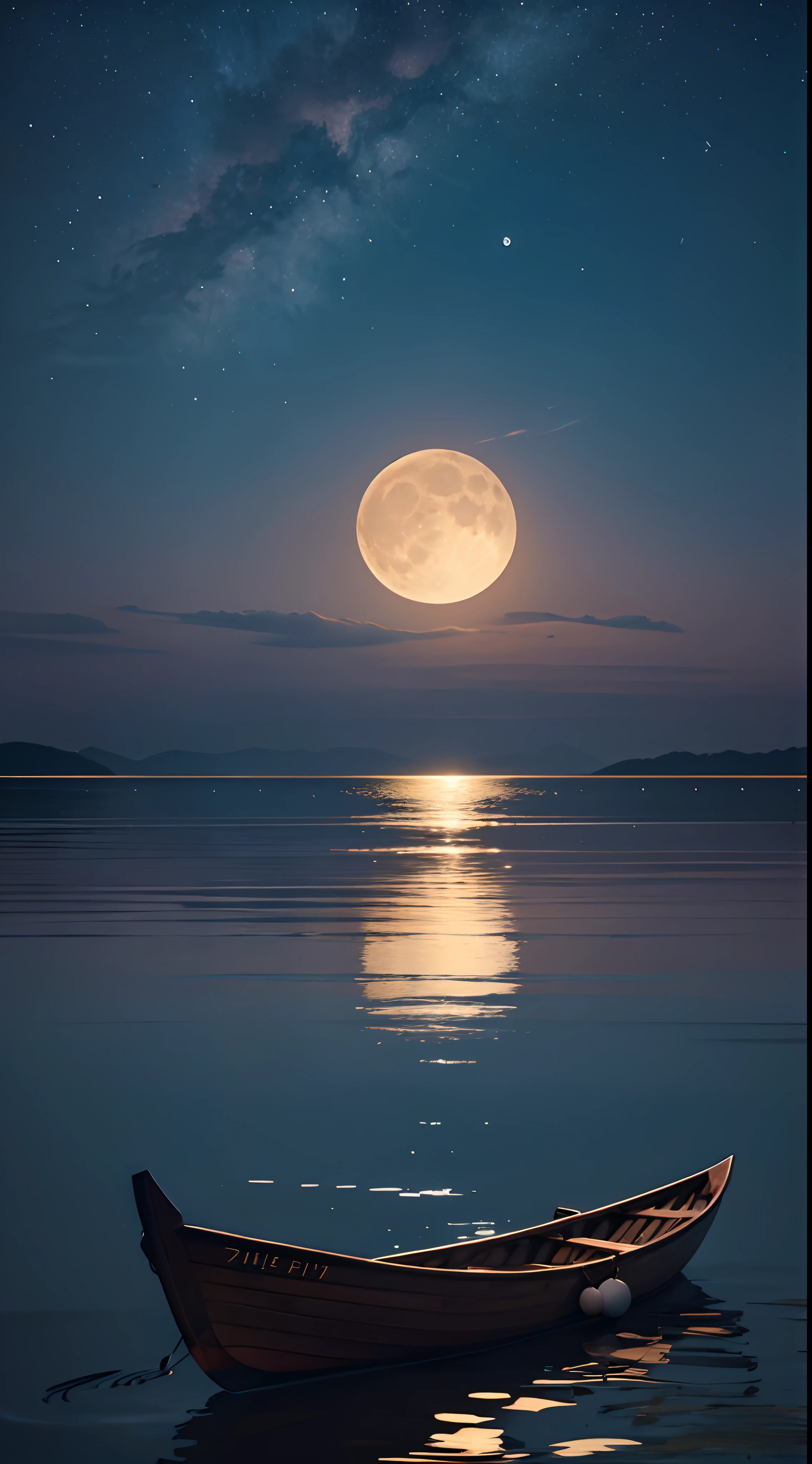On the calm sea，A small boat floats on the water，Behind it is a huge bright moon