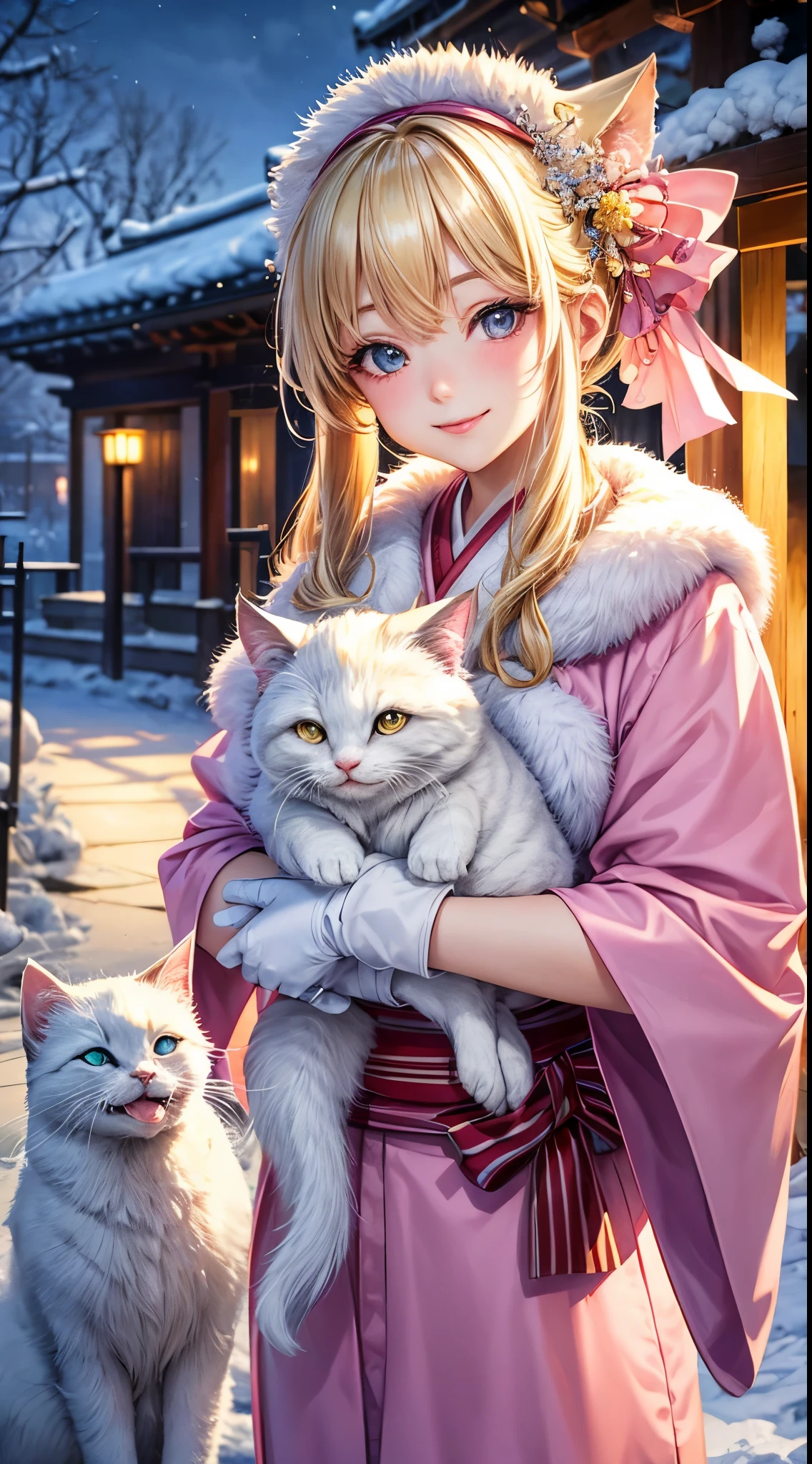 Very detailed CG Unity 8K wallpaper, Cute One Girl, Mature blonde girl, beautiful Girl, hot maiden, pale skin (Super masterpiece, Beautiful person, well detailed face polluted smile, Photorealistic, hyper realisitic), colorful winter pink kimono 、has white fur、 Wearing white gloves,Japanese Style Hair Accessories、A girl holding a cute white cat in her arms, (Light Lighting)、smil,Upper body 、Japan background