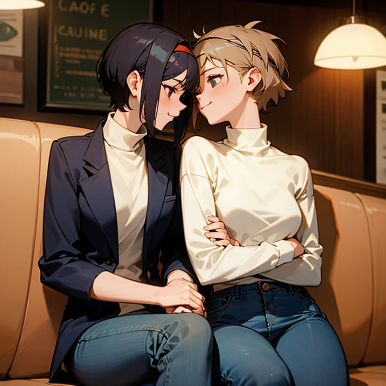 2 girls, lesbian, short hair, wearing blazers, turtlenecks, and jeans, and a headband in their hair hugging each other, sitting in a cafe, happy
