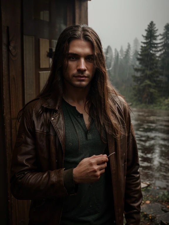Rain, wilderness, man with leather jacket, long hair, wearing a trucker, hold the torch, steamy, haze, Timeless, ethereal, Hyper-realistic, Ultra photo realism, tmasterpiece, 8k, in focus, Detailed hair, highly detailed, high quality, High definition, cinematic perspective, rainy weather