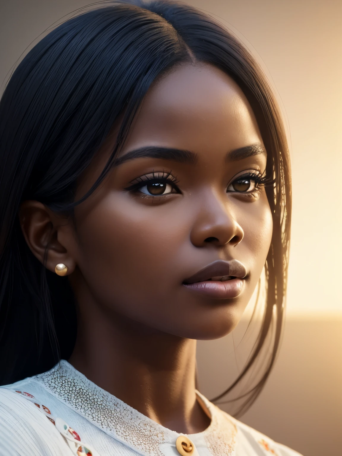 hyper realistic tight close up photo of a beautiful black woman with a round face and high cheekbones, She has a cute button nose and small jaw. with large beautiful honey eyes, glossy lips, shining thick black hair, (smile:0.6), eyes symmetry, face symmetry, (lighting:1.6 cinematic filmy dramatic digital rim), octane rendering, smooth lighting, soft colors, beautiful lighting, zepto-pixel detailing, yotta-pixel image, yocto-pixel detailing