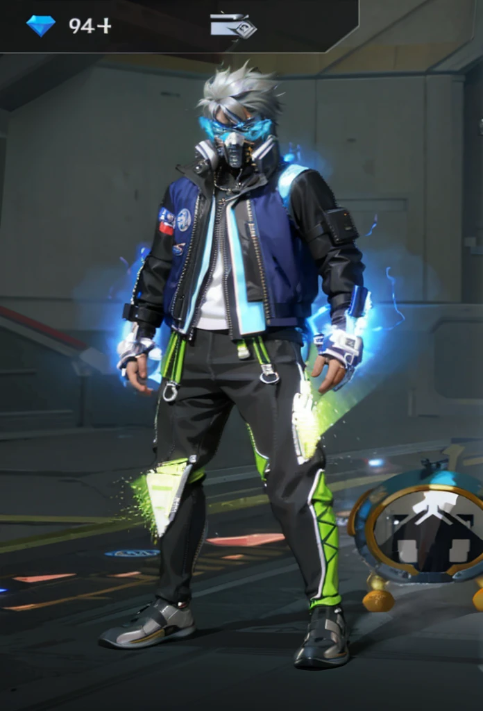 arafed man in a blue jacket and black pants standing in a room, mechanic punk outfit, full portrait of electromancer, cyber punk setting, cyber future jacket, cyberpunk outfit, cyberpunk flame suit, cyber universe style, cyberpunk suit, cyber suit, chrome outfit, energetic varia suit, cyberpunk style outfit, wearing netrunner clothing, futuristic attire