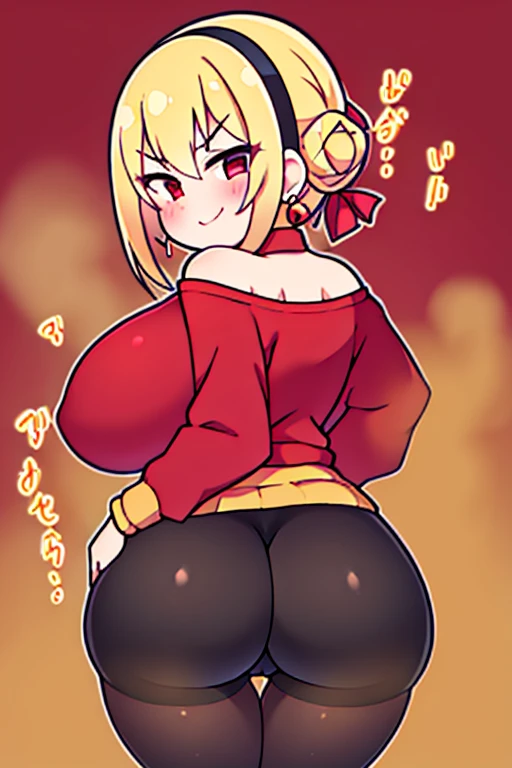 masutepiece, Best Quality, 1girl in, Solo, Closed mouth, Hair bun, V-shaped eyebrows, Naughty face, Smile, blush, Looking at Viewer, Curve, huge breast background, White background, from behind, Standing, hands on own ass, ass grab, spread art, fart, Yellow Gas:1.2), Bjorf, short hair with long locks, white hairband, Red Eyes, Gold Earrings, Large breasts, Jewelry, off shoulders, Red Sweater, sweater dress, Long sleeves, Black pantyhose,