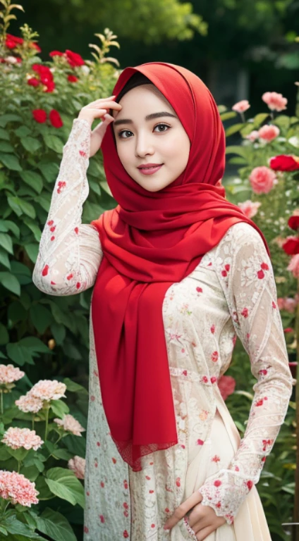 (8K, Raw photography, best quality, masterpiece: 1.2), ultra-detailed art, high resolution, (Photorealistic, Photorealistic photography: 1.37), High Detail RAW Color Photography, professional photography, very smooth and beautiful, highly detailed, Image Wallpaper 8K, stunning and detailed details, large file size, Official artwork, Highly detailed 8K Unity CG wallpapers, Highly detailed beautiful women, extra detailed faces, very detailed eyes, extra detailed fingers, extra realistic, very detailed eyebrows, very detailed facial skin detailed, very detailed fingers, very detailed nose, very detailed mouth, perfect anatomy, very detailed background, (lighting), detailed light rays, (medium chest:1.1), ((sharia hijab clothing:1.1;)), (( petite body)), ((photo of a woman wearing a red hijab with a floral pattern)), ((Muslim woman wearing a red hijab with a floral pattern)), ((full body photo)), medium breasts, thick eyebrows, ((looking at the audience)), ((posing gracefully)), ((standing straight in the flower garden)), hands behind head)), ((both hands behind back)), (spreading armpits), ((smiling face)), happy face, face laughing, high class creative, photos are displayed from head, body, hands to foot level.
