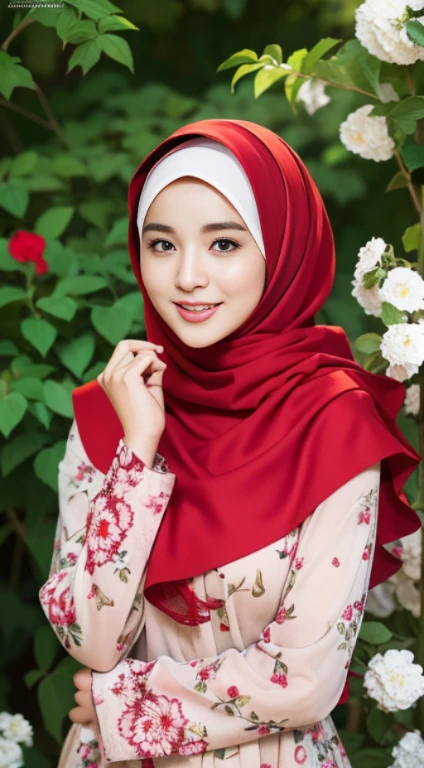 (8K, Raw photography, best quality, masterpiece: 1.2), ultra-detailed art, high resolution, (Photorealistic, Photorealistic photography: 1.37), High Detail RAW Color Photography, professional photography, very smooth and beautiful, highly detailed, Image Wallpaper 8K, stunning and detailed details, large file size, Official artwork, Highly detailed 8K Unity CG wallpapers, Highly detailed beautiful women, extra detailed faces, very detailed eyes, extra detailed fingers, extra realistic, very detailed eyebrows, very detailed facial skin detailed, very detailed fingers, very detailed nose, very detailed mouth, perfect anatomy, very detailed background, (lighting), detailed light rays, (medium chest:1.1), ((sharia hijab clothing:1.1;)), (( petite body)), ((photo of a woman wearing a red hijab with a floral pattern)), ((Muslim woman wearing a red hijab with a floral pattern)), ((full body photo)), medium breasts, thick eyebrows, ((looking at the audience)), ((posing gracefully)), ((standing straight in the flower garden)), hands behind head)), ((both hands behind back)), (spreading armpits), ((smiling face)), happy face, face laughing, high class creative, photos are displayed from head, body, hands to foot level.